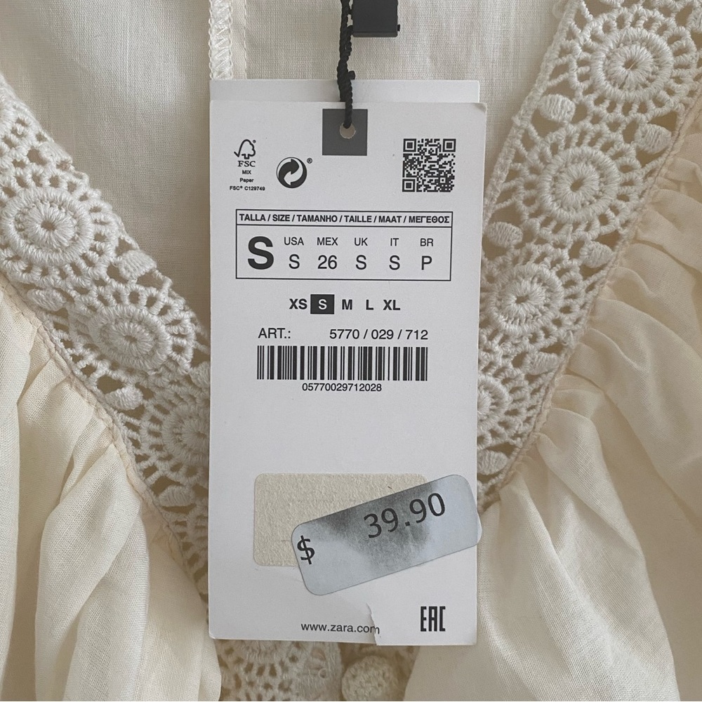 ZARA - Embroidered Ruffle Collared Long Sleeve Blouse in Ivory (NWT) - Size : S - Picture 12 of 14